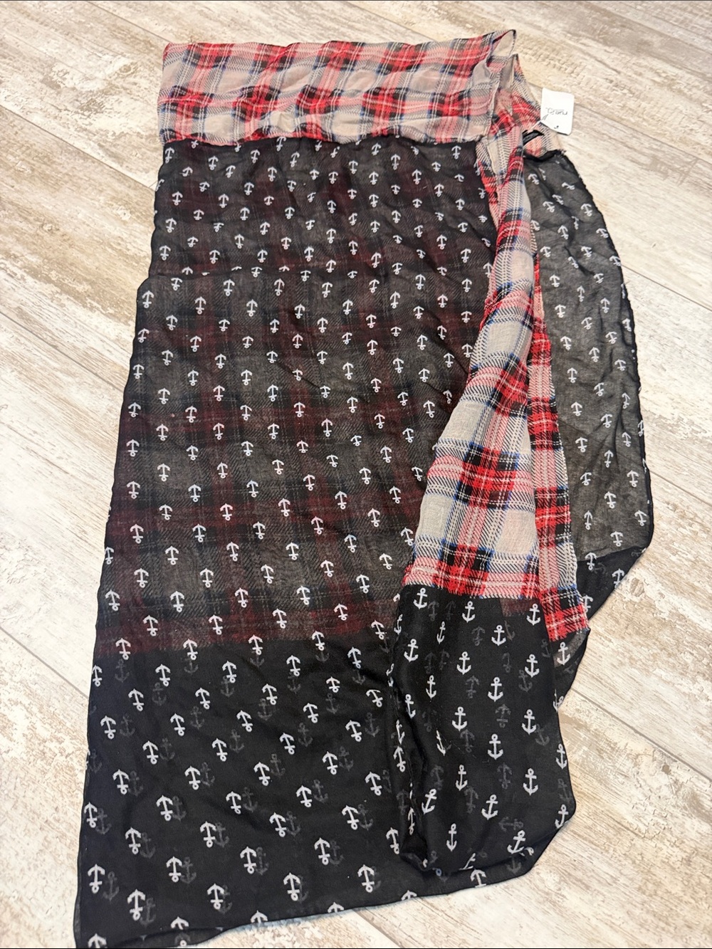 Rue21 Black Sheer Scarf with White Anchor Print and Red Plaid Trim
